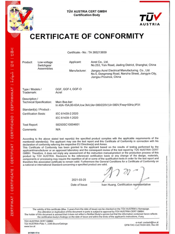 ggf i ggf o low voltage switchgear assermblies iec tuv certificate