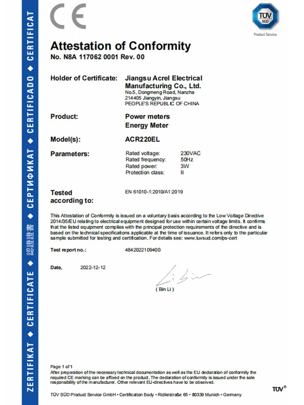 acr220el network power instruments ce lvd certificate
