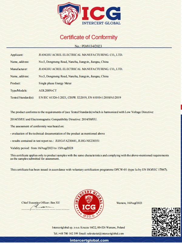 adl200n ct ce singlephase energy meter lvd emc certificate