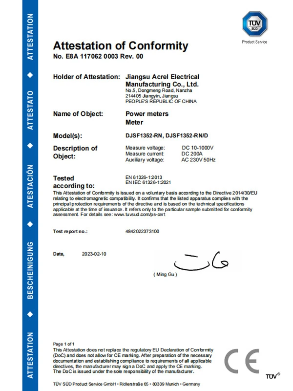djsf1352 rn static dc energy meter ce emc certificate