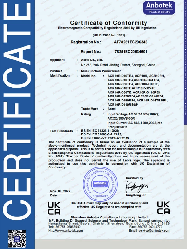 acr10r muli function power meter ukca emc certificate