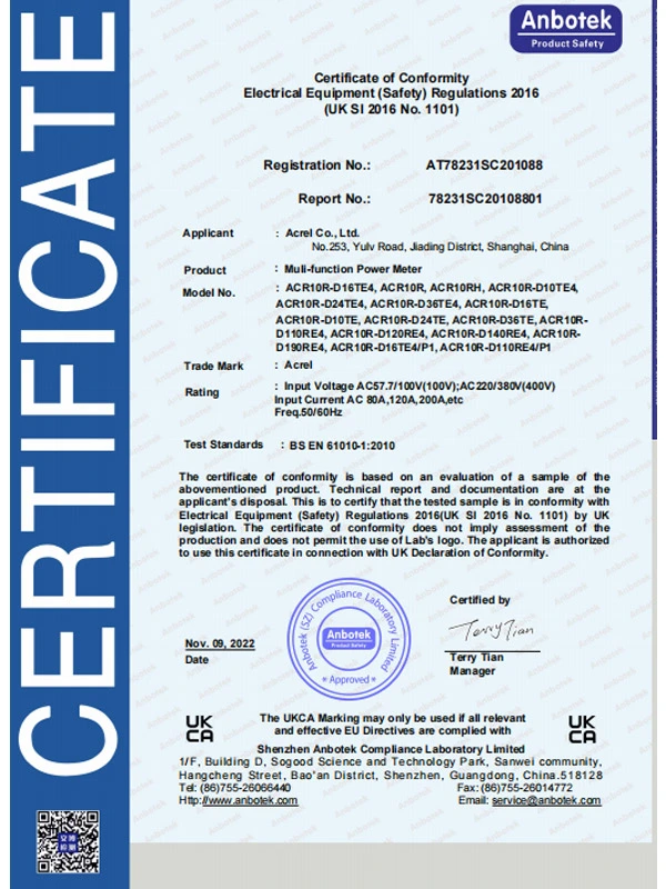 acr10r muli function power meter ukca lvd certificate