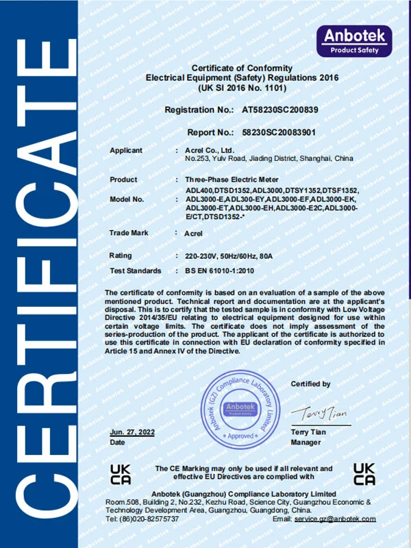 adl400 series three phase electric meter ukca lvd certificate