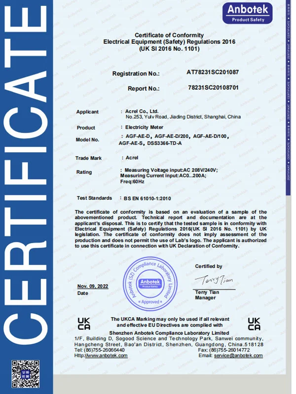 agf ae d series electricity meter ukca lvd certificate